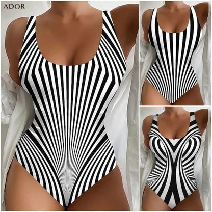 【😍S~6XL】Sexy rayas traje de baño de una sola pieza-4291311