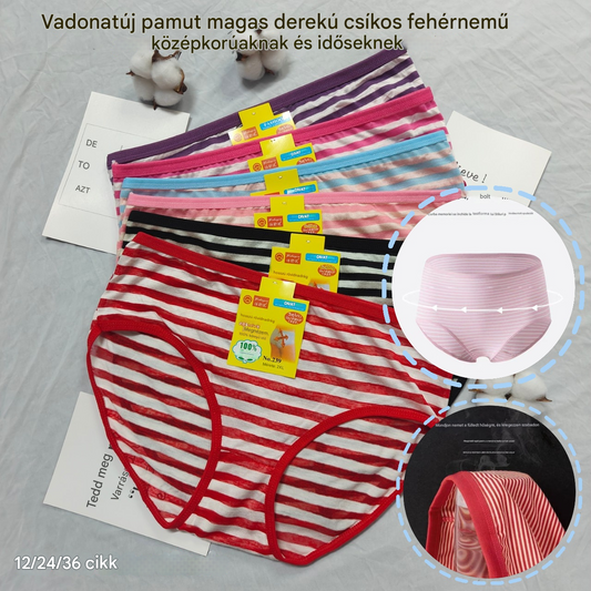💥【1 készlet, 12 darab】Új, magas derekú, csíkos pamut alsónemű középkorúak és idősek számára - 4206122