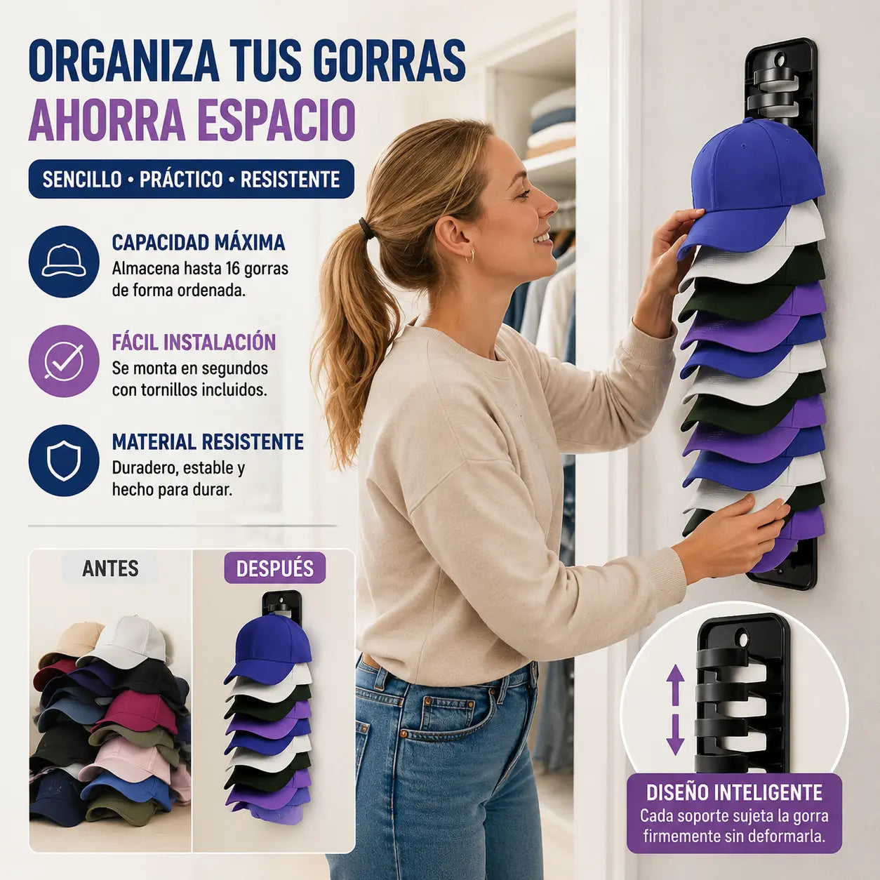 【2 piezas】Organizador de sombreros que ahorra espacio
