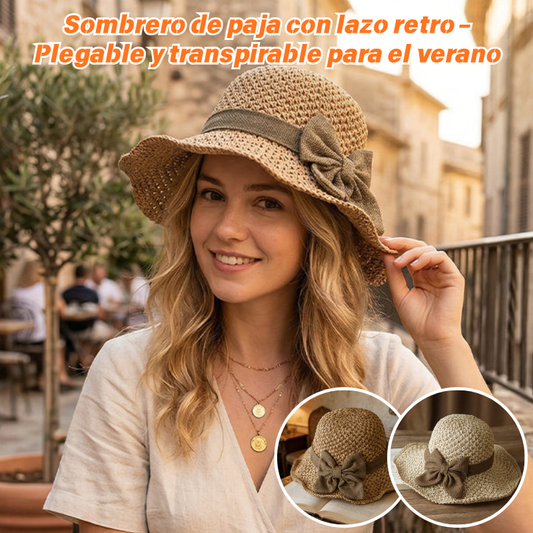 🎀🎀 50% DE DESCUENTO 👒 | Sombrero de paja con lazo retro – Plegable y transpirable para el verano