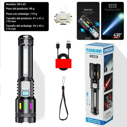 💡Linterna de alta potencia, carga al aire libre, batería de larga duración, láser blanco, zoom telescópico, alcance ajustable, linterna de emergencia.