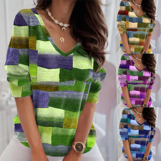 🌺【S-5XL】Nové dámské topy s potiskem a výstřihem do V z roku 2026 z pohodlného a prodyšného materiálu