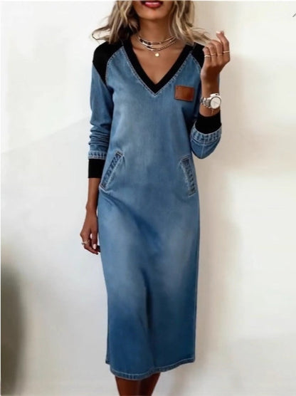 ✅Pago contra reembolso【50% de descuento】【Tallas S-3XL】Nuevo vestido vaquero de cuello en V con bloques de color de moda
