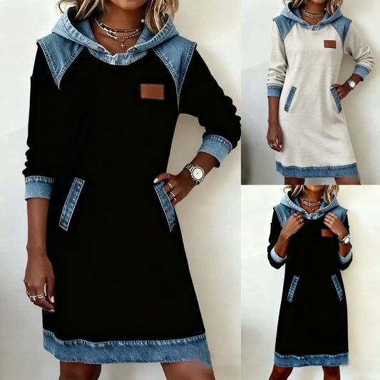 🌷✨👗Őszi-téli újdonság 50% kedvezménnyel🌞❄️ Új patchwork kapucnis farmer ruha ❄️ – bő, kényelmes és könnyen kombinálható-4167707