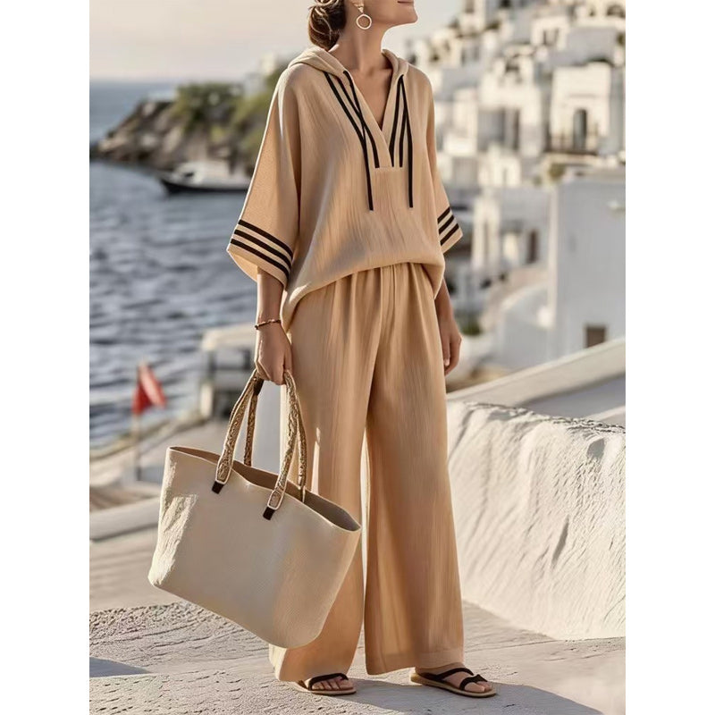👚👖【S-5XL】【Μπλούζα + Παντελόνι】Νέο casual σετ δύο τεμαχίων: τοπ με κουκούλα και μανίκια τριών τετάρτων + παντελόνι με φαρδιά γραμμή✨【40-120kg】