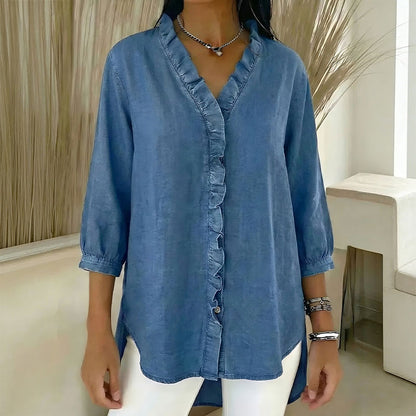 🔥 Pago contra reembolso ✅️【40-100kg】Camisa vaquera informal para mujer con cuello en V y volantes-4286615