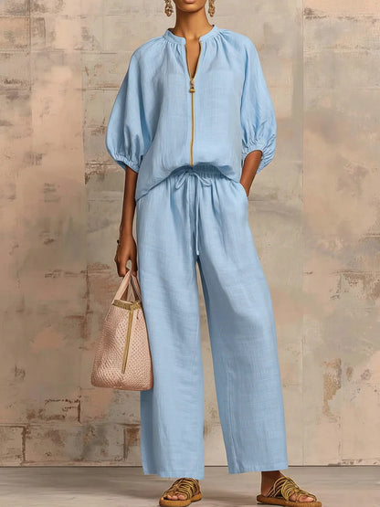 Maribel | Conjunto de lino con mangas murciélago y pantalón ancho