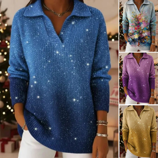 🔥 【S-5XL】Pulóver z zamkiem i listwą, z nadrukiem nocnej sceny z błyskami – 4183629