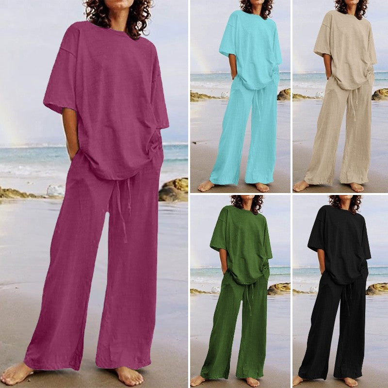 🎁【S-5XL】Luźny, swobodny komplet damski, dwuczęściowy, wykonany w 100% z bawełny (góra + spodnie)