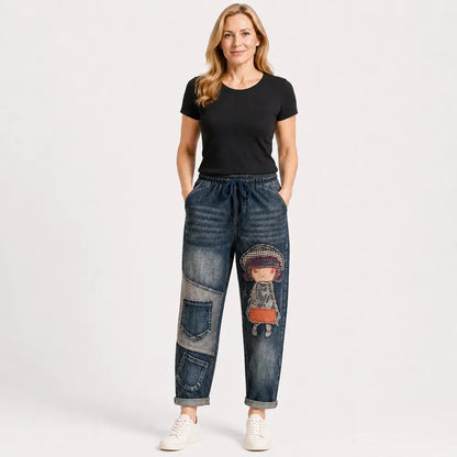 Dámské volné džíny v retro stylu s nášivkou a elastickým pasem – džíny typu harem v originálním stylu (velikosti S–5XL, 2 barvy) 👖✨🍂