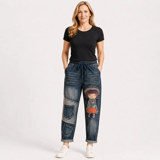 Dámské volné džíny v retro stylu s nášivkou a elastickým pasem – džíny typu harem v originálním stylu (velikosti S–5XL, 2 barvy) 👖✨🍂
