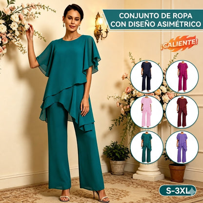 【Oferta por tiempo limitado】Elegante Conjunto de Chifón: Top Asimétrico με Volantes y Pantalón Ancho – Look Sofisticado para Eventos