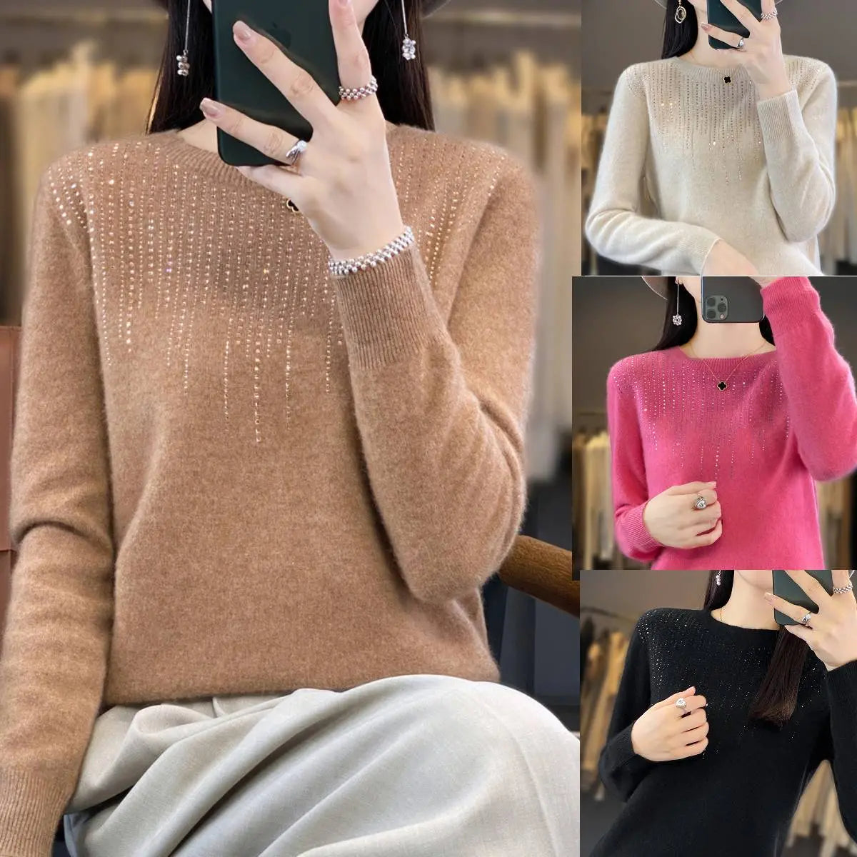 🔥🍁【Jesienna nowość】【S-2XL】✨🌷Wysokiej jakości, modny i elegancki damski aksamitny kardigan z okrągłym dekoltem i biżuterią