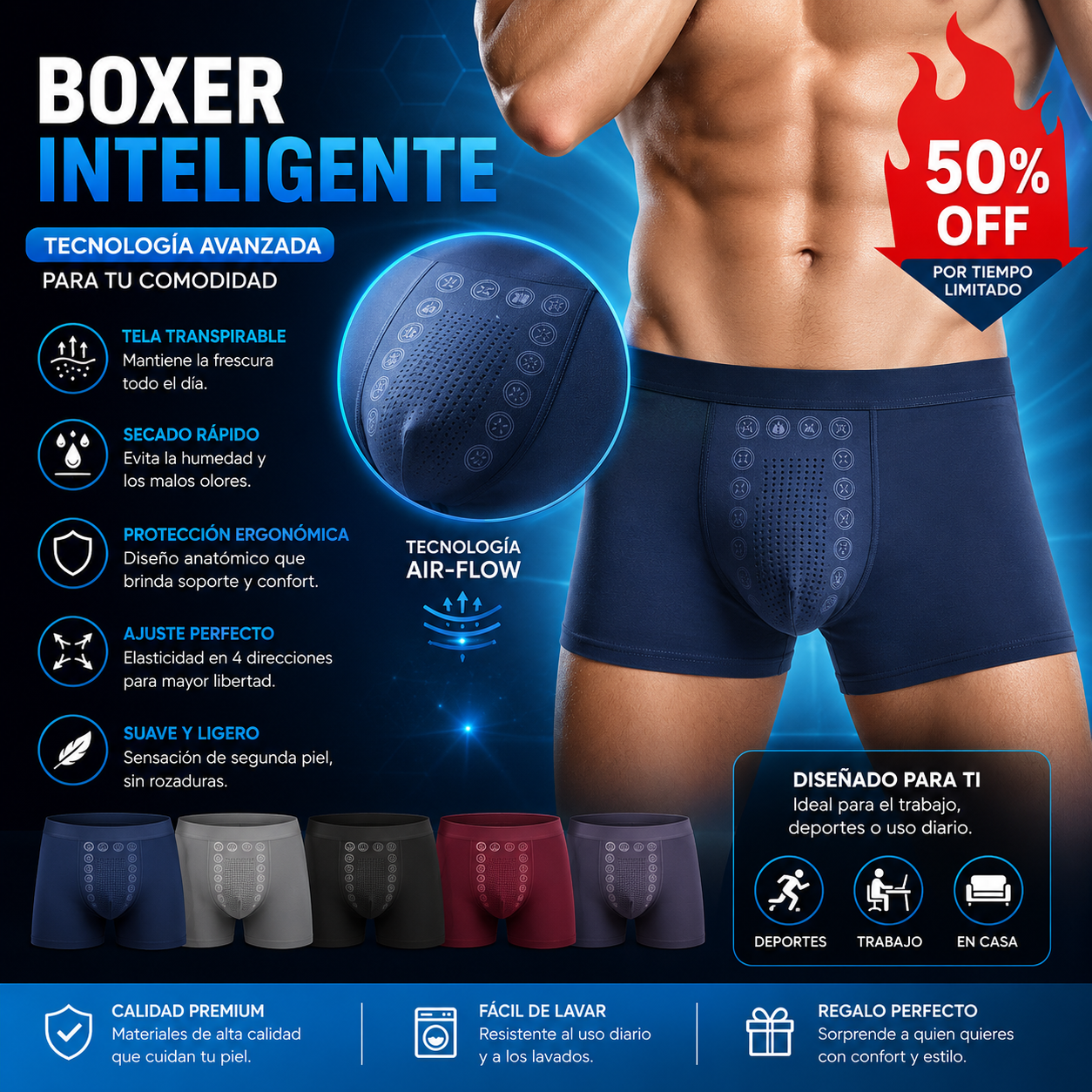 👍🩲Conjunto de calzoncillos bóxer de tres piezas transpirables y antibacterianos para hombre