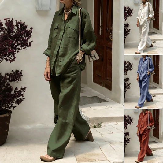 ✨😍【Camiseta + Pantalones】【40-120 kg】Conjunto de dos piezas para mujer, corte holgado, mezcla de algodón y lino, tejido transpirable ✅️Pago contra reembolso