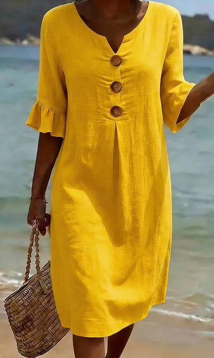 【S-3XL】Vestido de mujer de algodón y lino con mangas abullonadas y botones_4293805