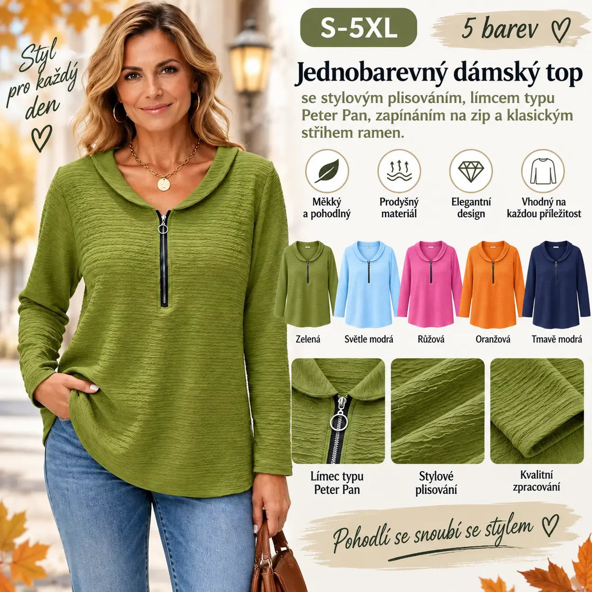 ✨【S–5XL / 5 barev】Jednobarevný dámský top se stylovým plisováním, límcem typu Peter Pan, zapínáním na zip a klasickým střihem ramen.