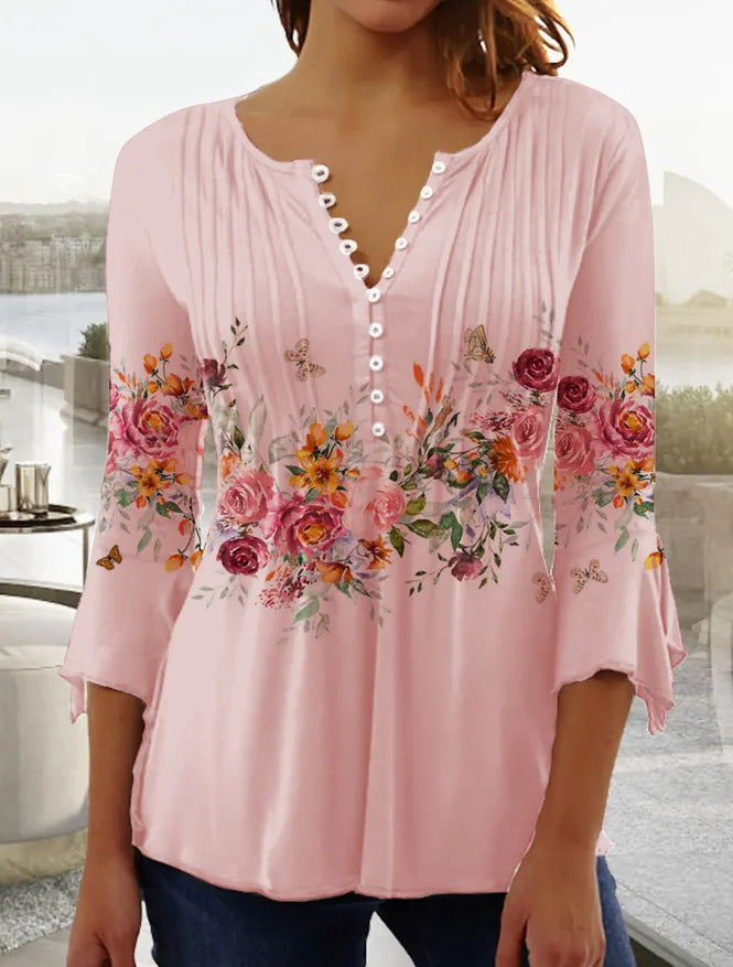 🌸✨【S-5XL】🌺Top con cuello en V y mangas florales, estilo delicado y romántico