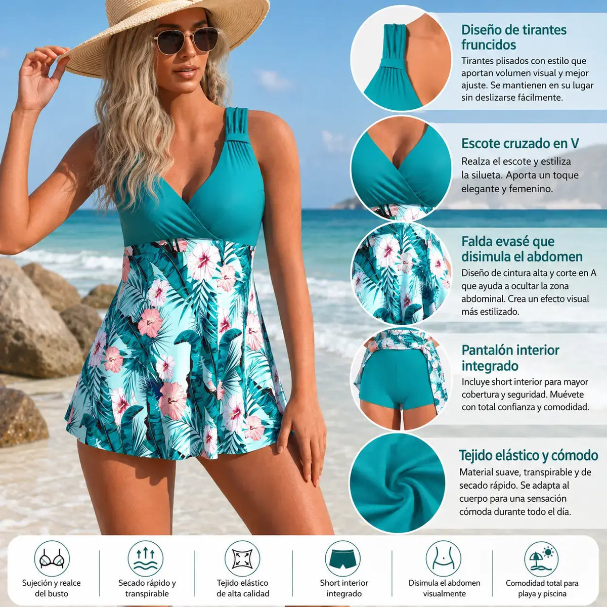 🌴🏖️🌈【50% de descuento 🔥】Conjunto de baño para mujer plus size con estampado, espalda descubierta y secado rápido