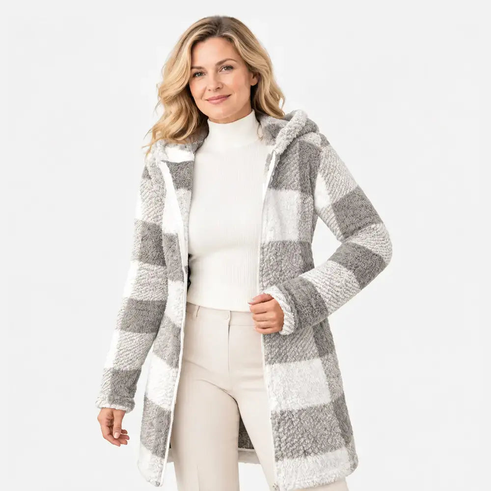 ✨【S–3XL】Dlouhý oboustranný dámský kardigan/kabát se zipem – umělá kožešina a kostkovaný vzor (podzim/zima)