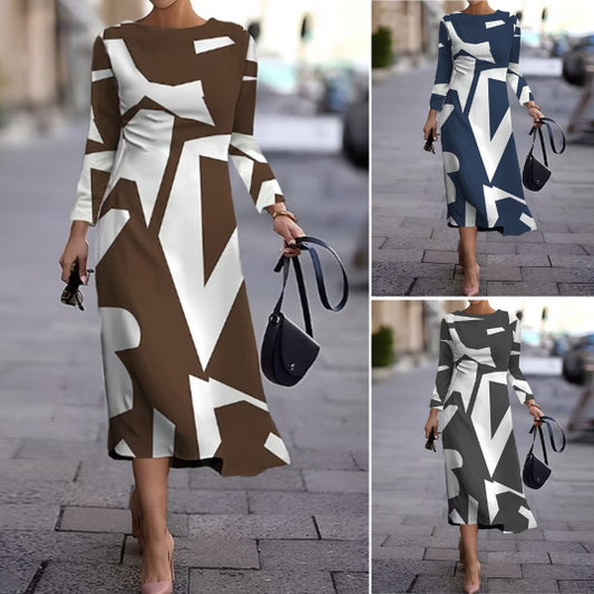 Nowa geometryczna sukienka z długim rękawem na jesień i zimę-4172795