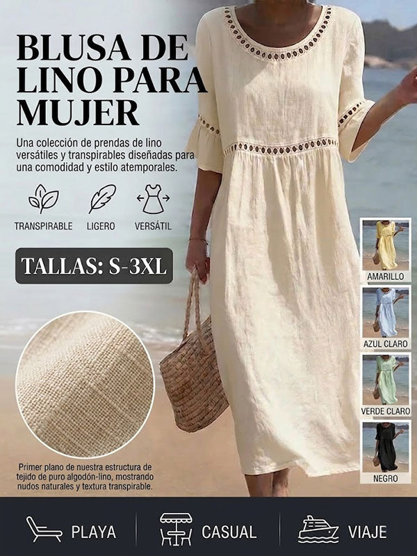 不投【Producto nuevo, 50% solo hoy!!】💎2026 Alta calidad💎【S-3XL】Vestido de mujer de algodón y lino, con mangas abullonadas, transpirable, suave y cómodo