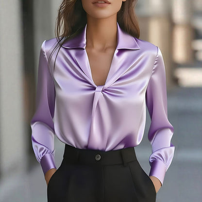 🔥**Damska Elegancka Jednokolorowa Koszulka z Satenu z Zgięciami, Długim Rękawem**🔥-4181760