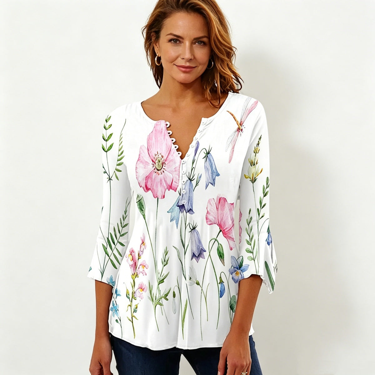 👚🌸[S–5XL] Pohodlné a ležérní dámské oblečení: halenka s výstřihem do V a květinovými vzory