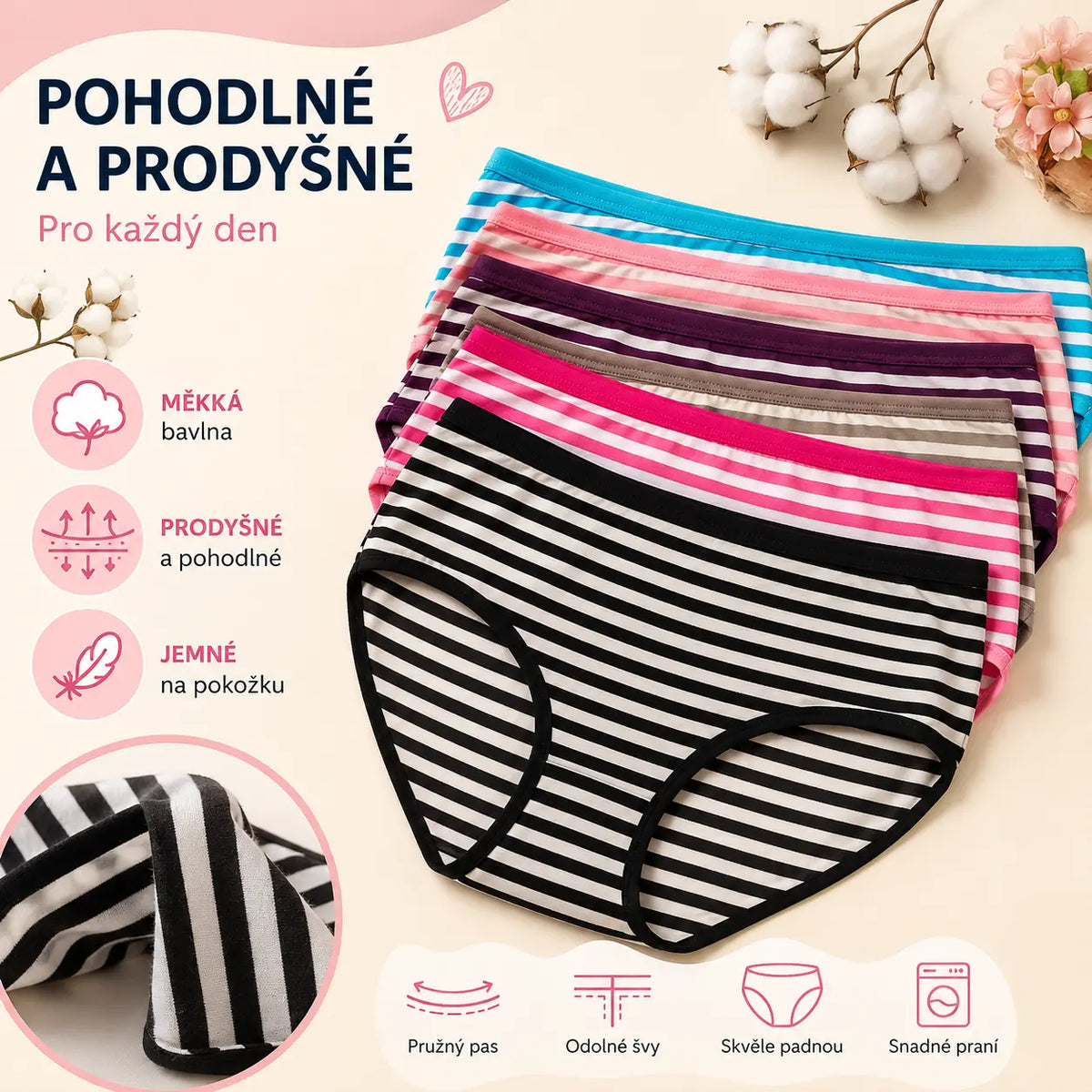 💥【1 sada 12 kusů】Nové pruhované spodní prádlo s vysokým pasem z čisté bavlny pro lidi středního a staršího věku