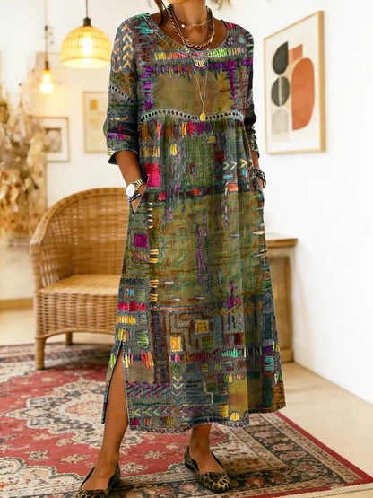 Manuela | Vestido Maxi Bohemio con Estampado de Patchwork Étnico