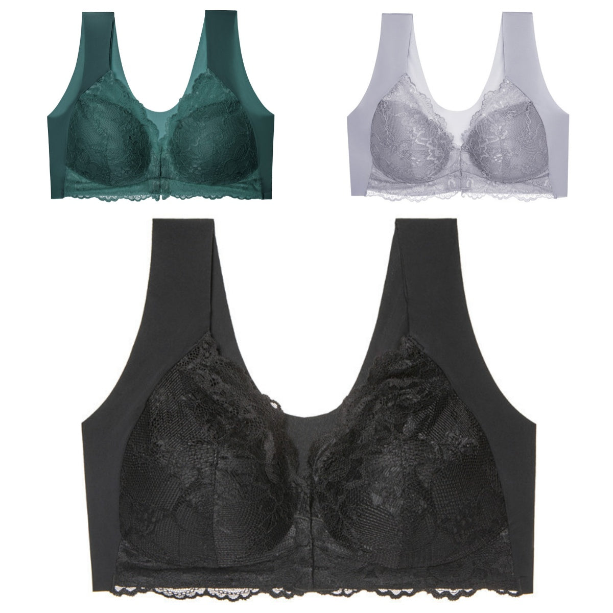 🔥😍【Pachet de 3】Sutien de damă confortabil fără sârmă din dantelă, închizătoare frontală