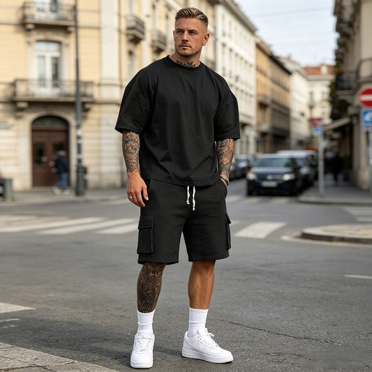 👖【S-2XL】Conjunto deportivo de verano para hombre de 2 piezas: cómoda camiseta de manga corta y pantalón corto para uso diario y en casa.