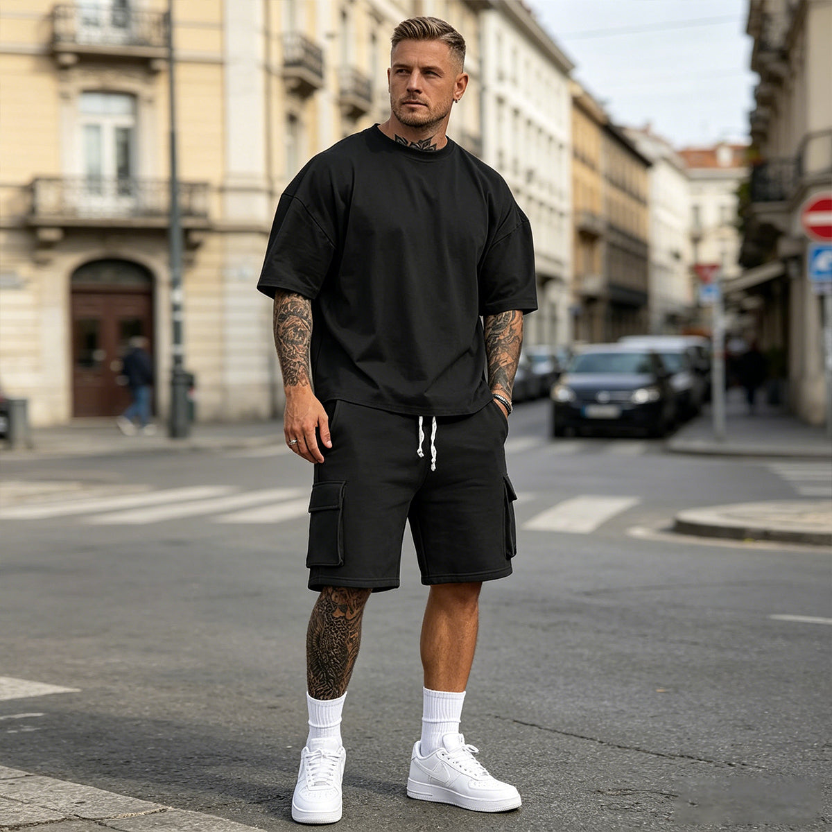 👖【S-2XL】Conjunto deportivo de verano para hombre de 2 piezas: cómoda camiseta de manga corta y pantalón corto para uso diario y en casa.