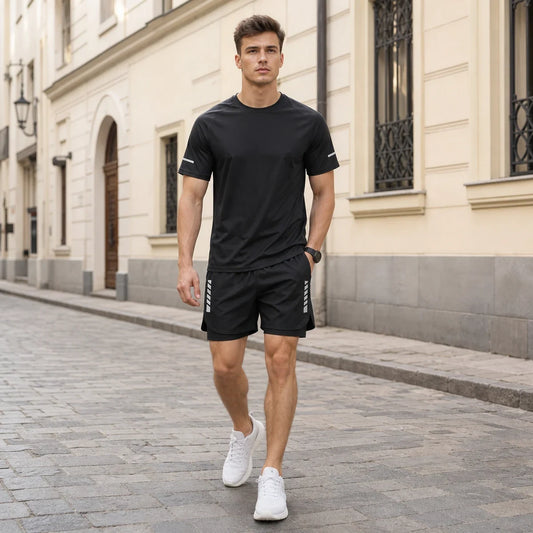 🔥【50% de descuento】✨Conjunto deportivo de verano de dos piezas para hombre: camiseta de manga corta y pantalones cortos cómodos con bolsillo trasero en la cintura.