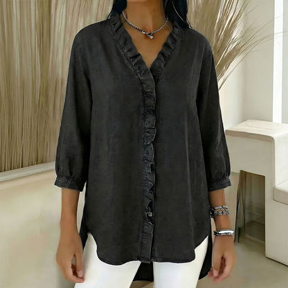 🔥 Pago contra reembolso ✅️【40-100kg】Camisa vaquera informal para mujer con cuello en V y volantes-4286615