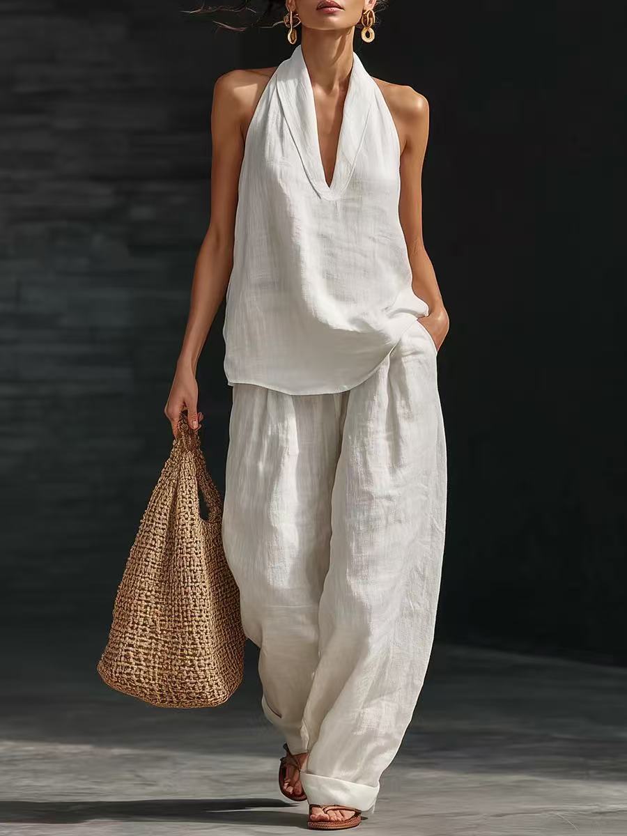 【S-5XL】💥Conjunto casual para mujer, top con cuello en V + pantalón de pierna ancha