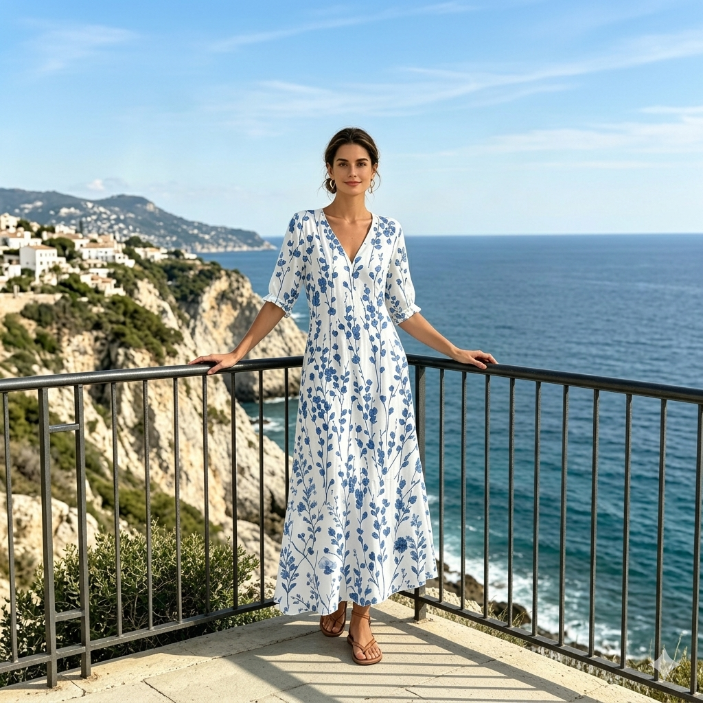 👗【S-3XL】Vestido de verano a la moda, estampado con escote en V, transpirable y cómodo, efecto adelgazante