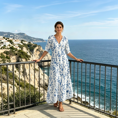 👗【S-3XL】Vestido de verano a la moda, estampado con escote en V, transpirable y cómodo, efecto adelgazante