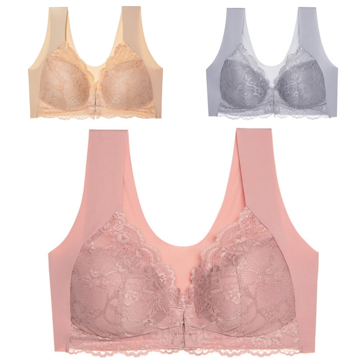 🔥😍【Pachet de 3】Sutien de damă confortabil fără sârmă din dantelă, închizătoare frontală