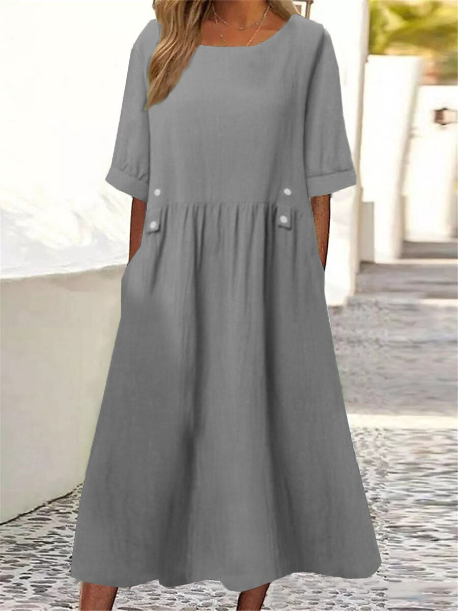 👕【M-3XL】Nuevo vestido de lino y algodón con cuello redondo, transpirable y cómodo, con efecto adelgazante.