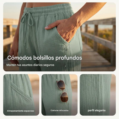 🌸【Compra 1 y llévate 1 gratis】Pantalones cropped plisados de color sólido para mujer, de algodón y lino