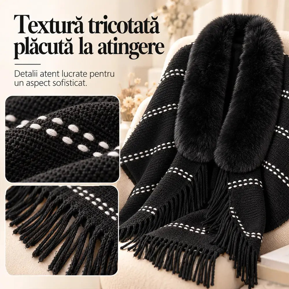 Poncho de Punto con Cuello de Piel y Borlas 🧣 Elegante Chal Abrigado para Mujer Otoño Invierno ❄️ Suéter Holgado Versátil que Estiliza la Silueta ✨