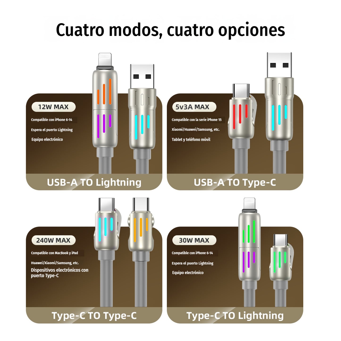 🔥 【2 unidades por 26 euros】 🔥 (2 metros de largo) Cable 4 en 1 PD 240 W – Carga rápida USB‑C, Lightning y USB‑A, aluminio y silicona, sincronización de datos ⚡📱-4330160