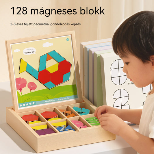 👶🌈🧩【128 darab】🔥Mágneses, fából készült tangram kirakós játék, agytréning és oktató játék gyerekeknek, serkenti a gondolkodást - 4184767