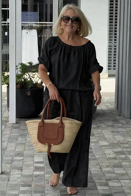 👑💃Conjunto de Verano 2026: Corte Relajado en Algodón y Lino 【Blusa de Cuello Redondo con Cordón + Pantalones】