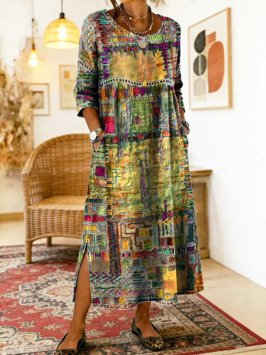 Manuela | Vestido Maxi Bohemio con Estampado de Patchwork Étnico