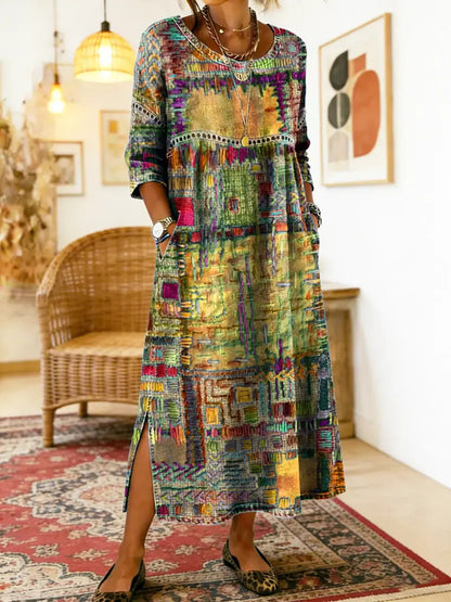 Manuela | Vestido Maxi Bohemio con Estampado de Patchwork Étnico