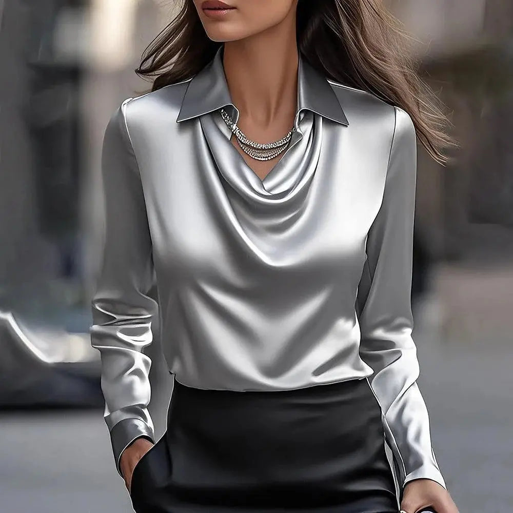 🔥✨Elegantní dámská hedvábná blůza s vysokým límcem, dlouhými rukávy, prodyšná a pohodlná.