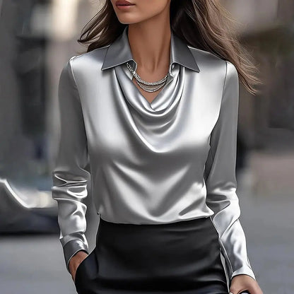 🔥✨Elegantní dámská hedvábná blůza s vysokým límcem, dlouhými rukávy, prodyšná a pohodlná.