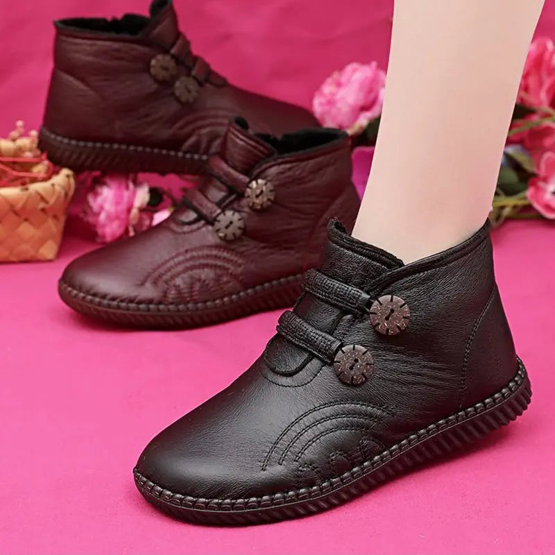 💥【Bestseller!】【Velikosti 35-40】Nové protiskluzové bavlněné zimní ploché kozačky, kotníkové boty, teplé kožené kozačky, bavlněné boty